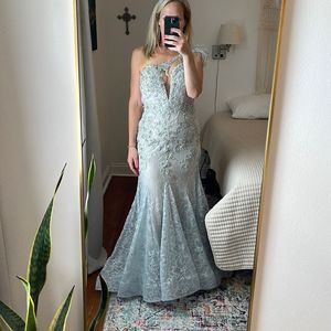 Mac Duggal Sky Blue Floral Lace Maxi Dress